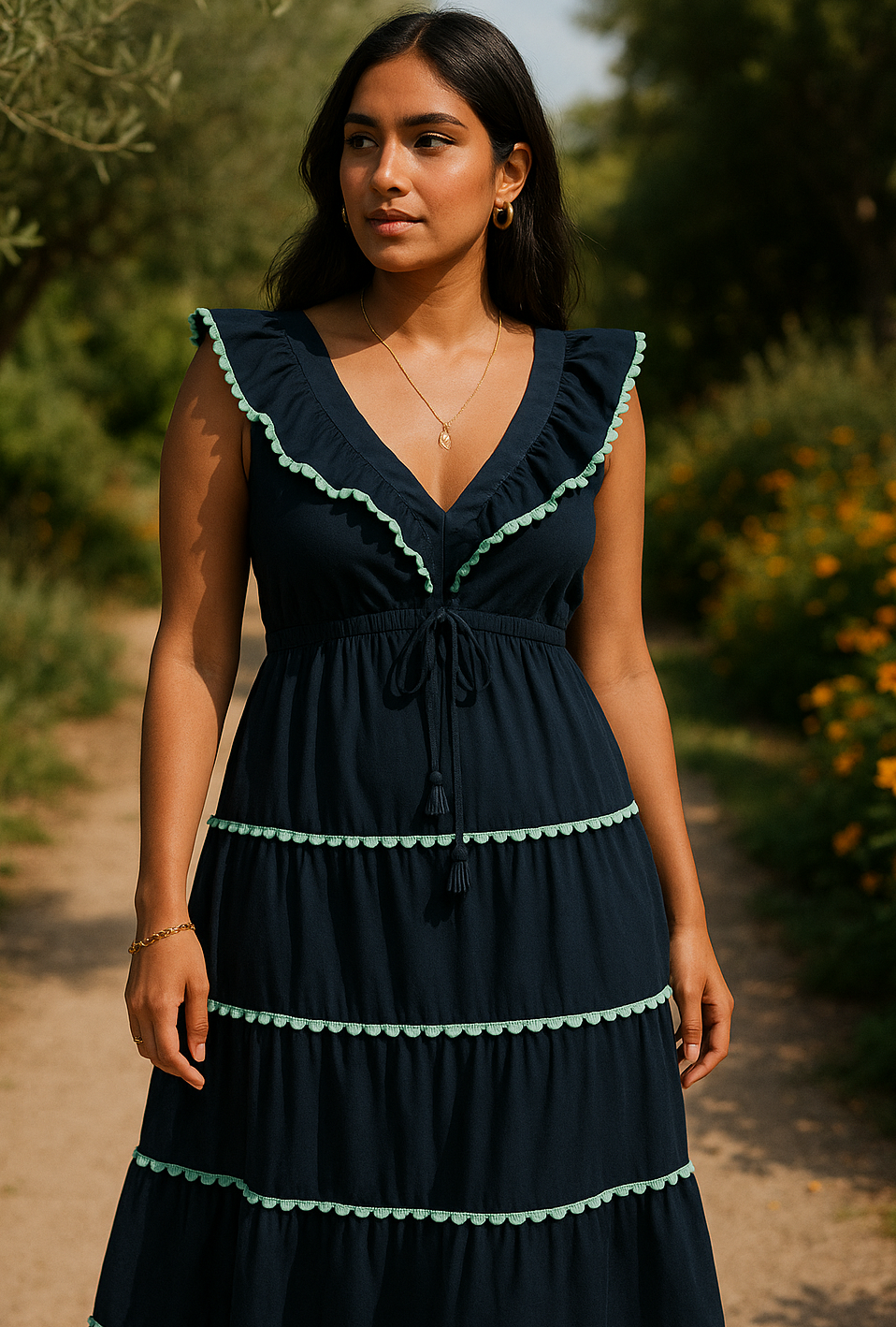 Navy maxi with scallop trims