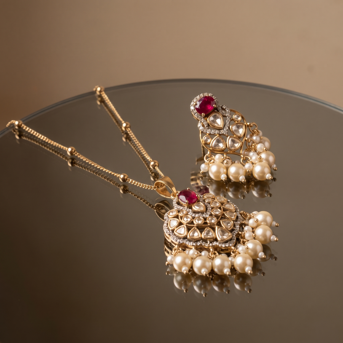Yuvira Ruby Pearl Pendant Set