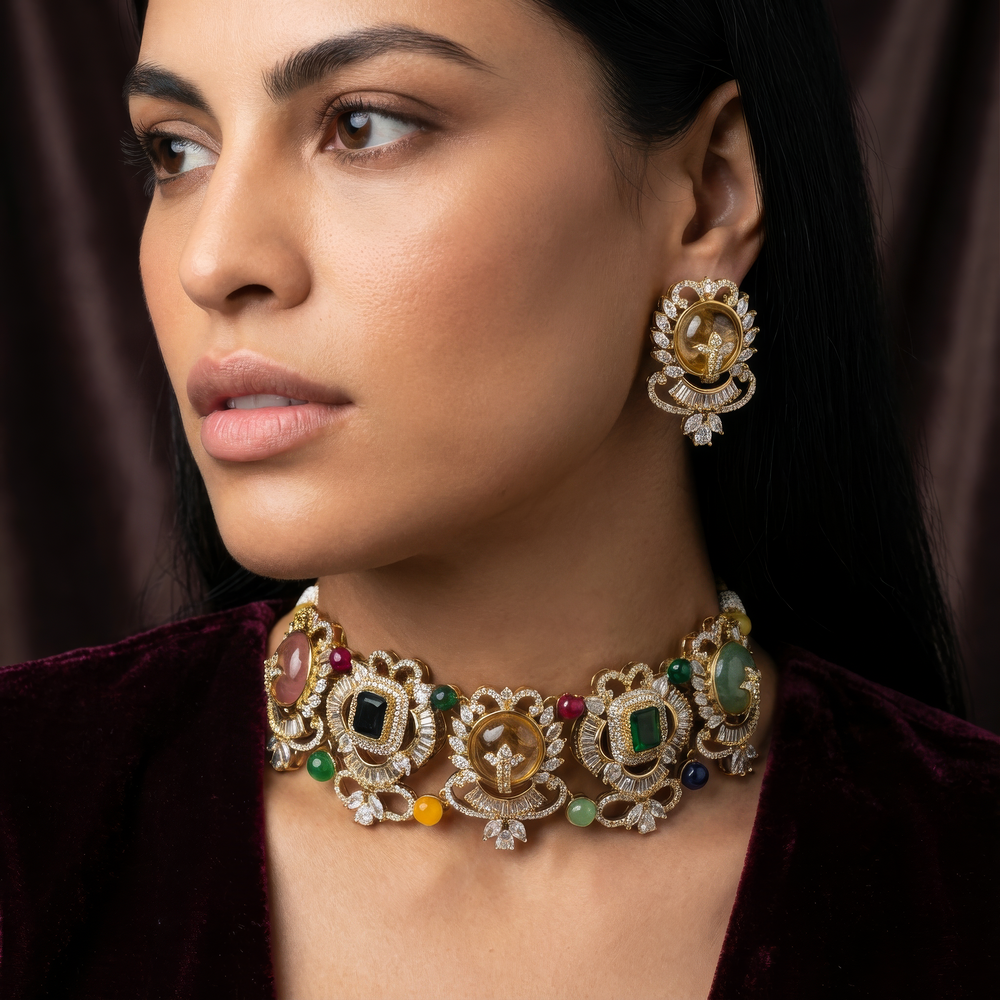 Ziya navratna kundan choker set – front view by Ozel