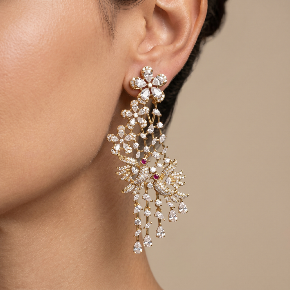Floral-cut stone cascade earrings with twin-bird motif — Ozel