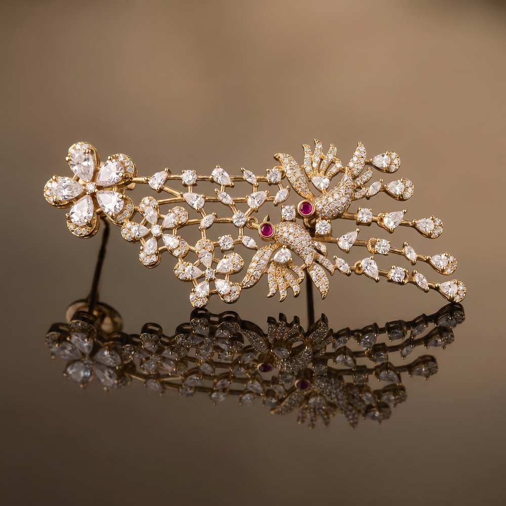 Floral-cut stone cascade earrings with twin-bird motif — Ozel