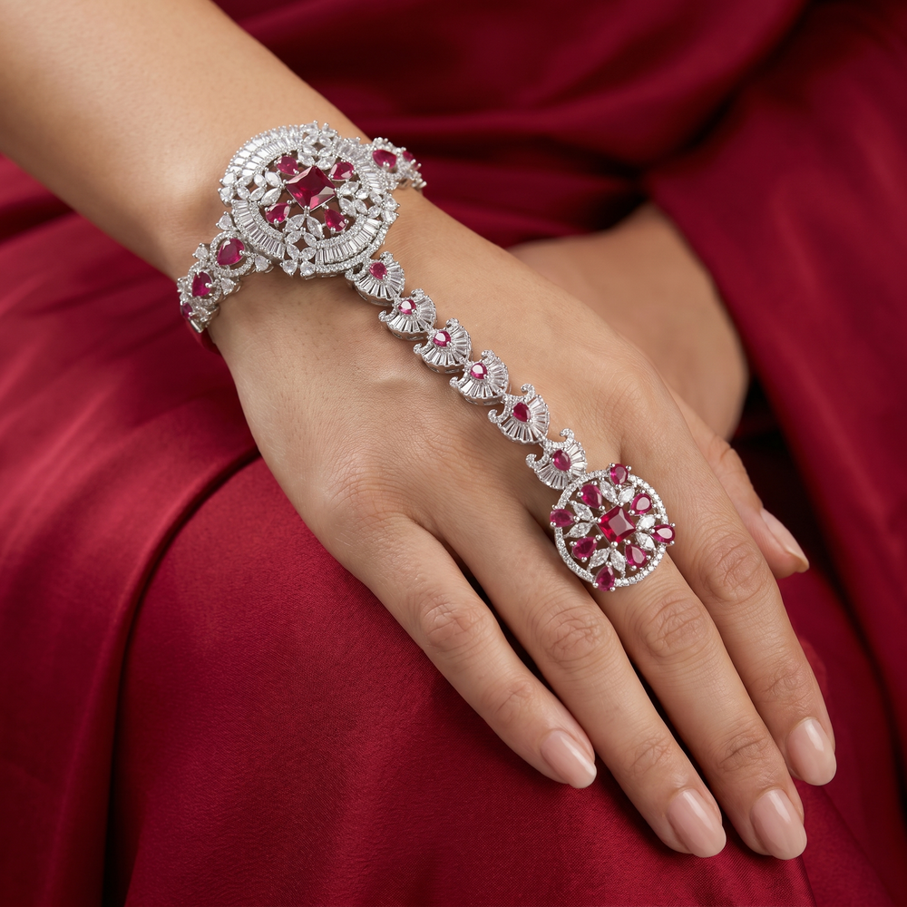 Zeenat ruby hand harness bracelet – regal Indian statement by Ozel