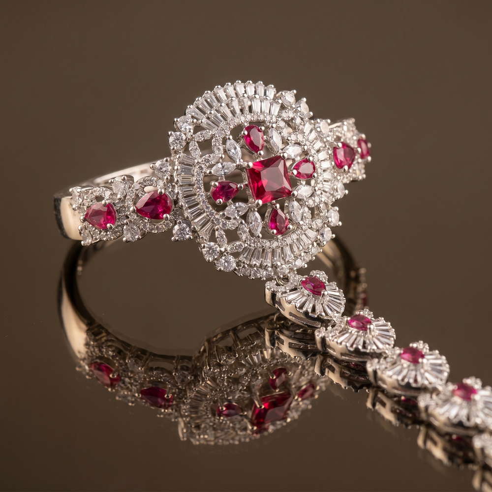 Zeenat ruby hand harness bracelet – detail view by Ozel