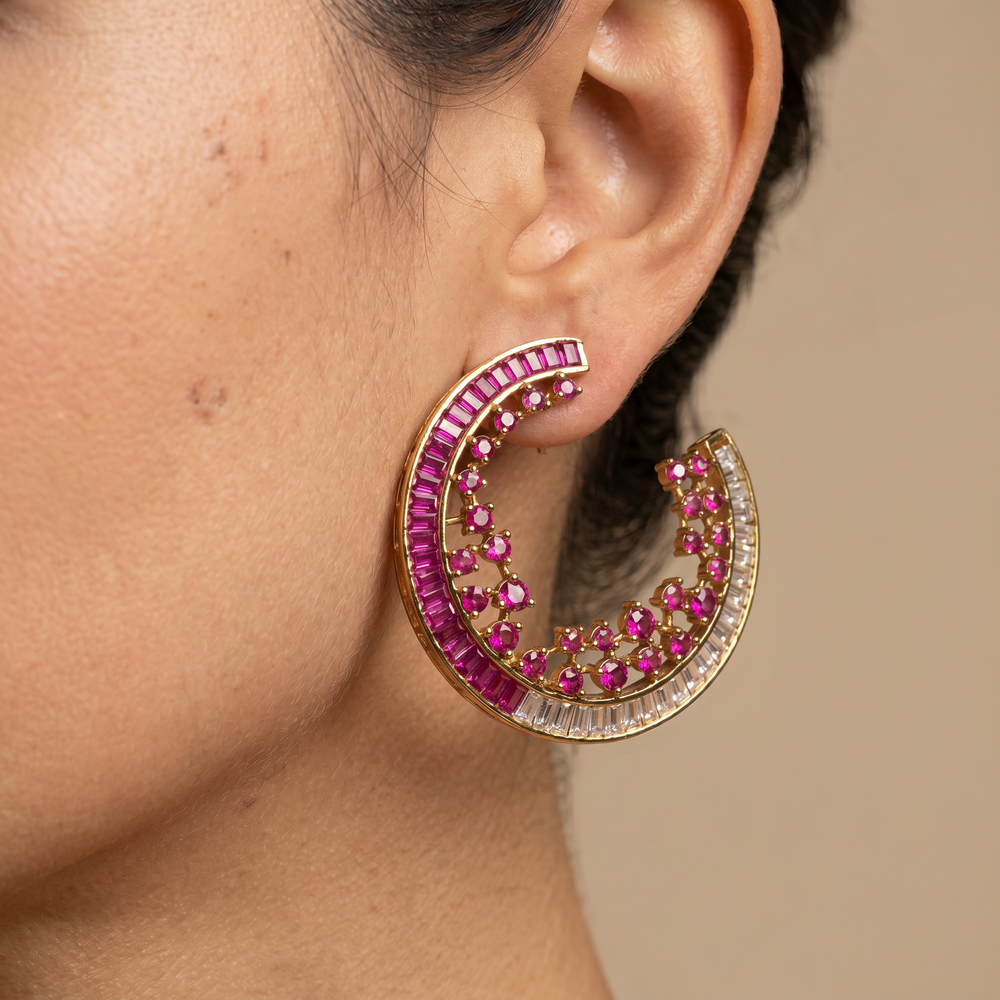 Zuhmira crescent crystal hoops with ruby stones and baguette accents — Ozel
