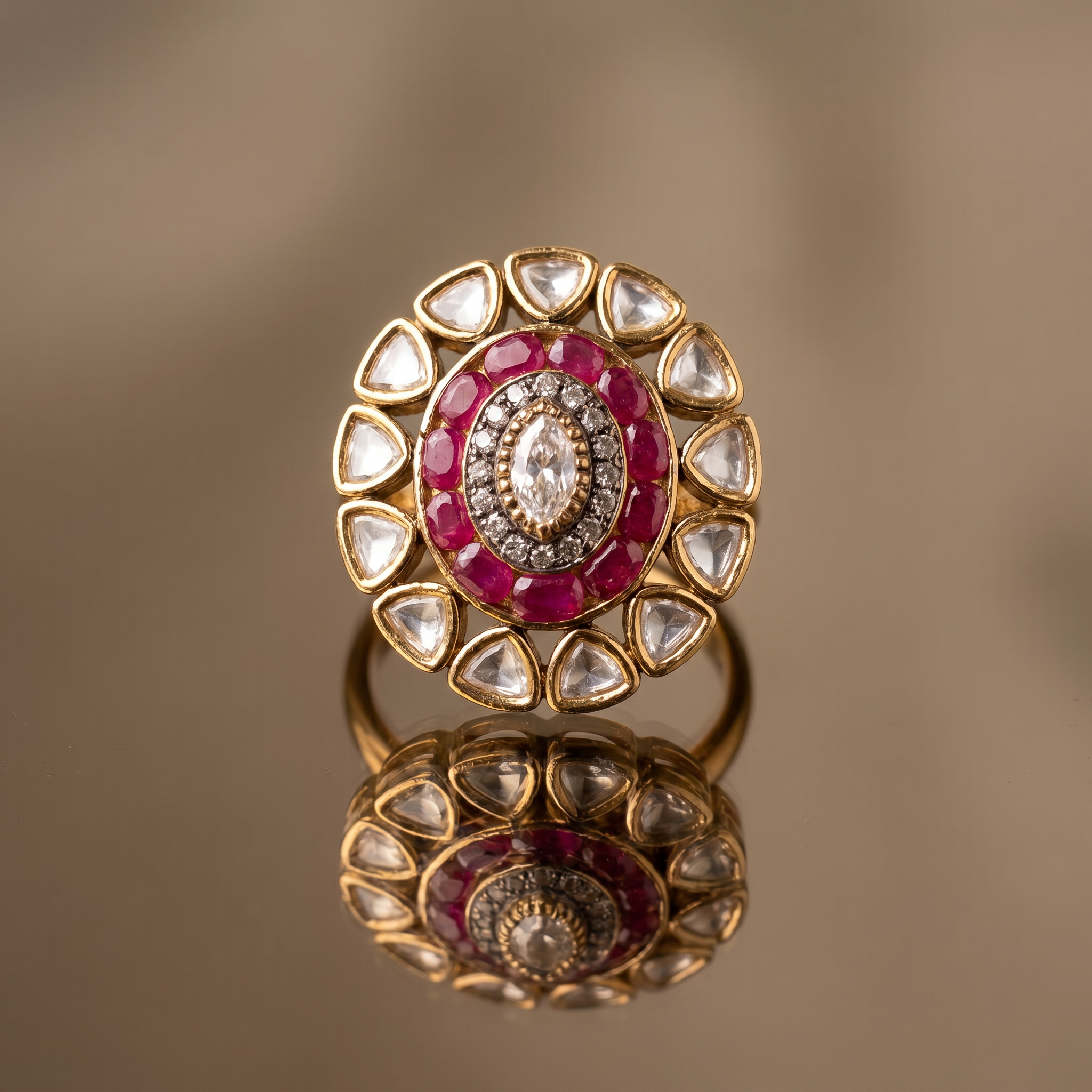Top view of Zunaid ruby halo statement ring — Ozel