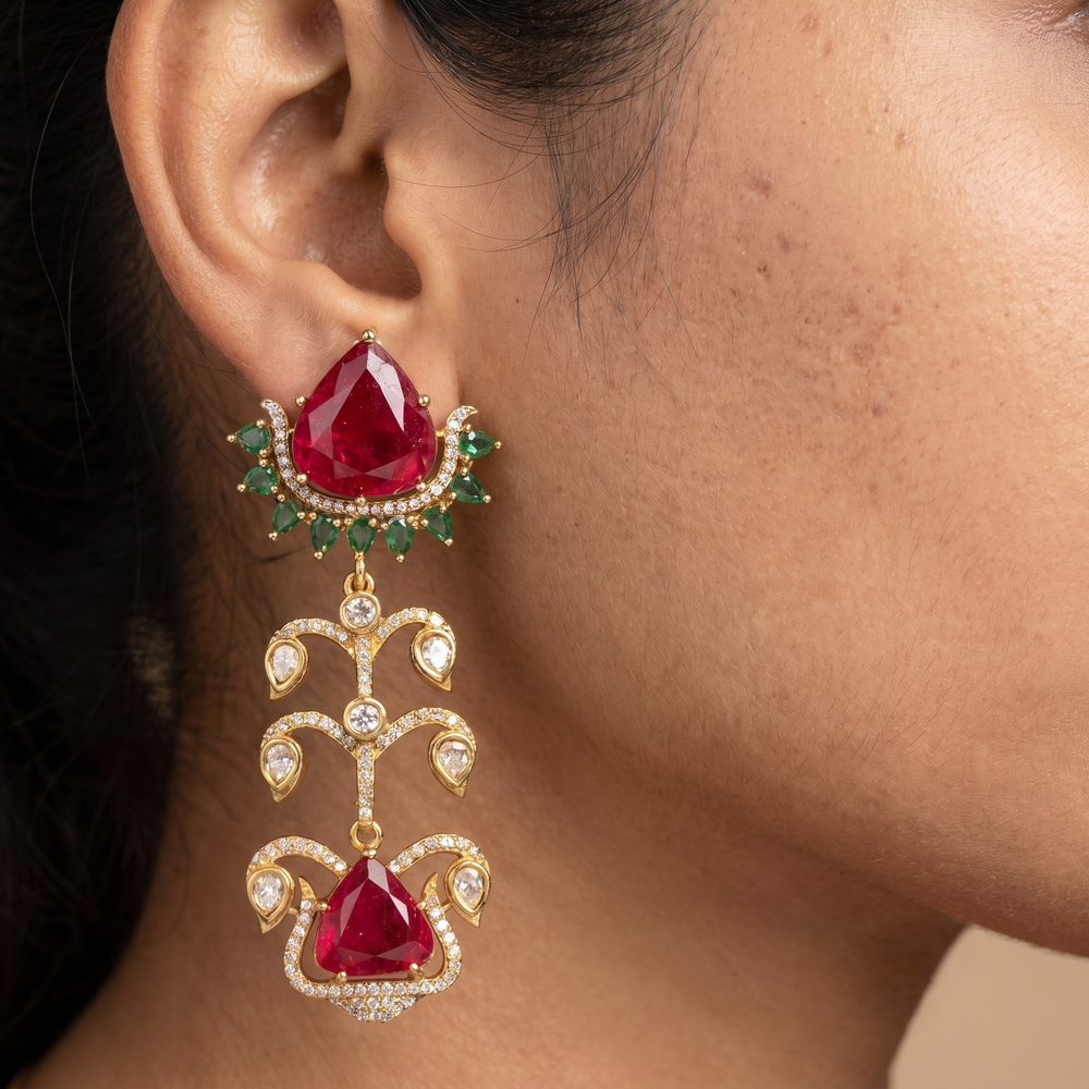 Antique gold ruby cascade earrings with kundan and emerald accents — Ozel
