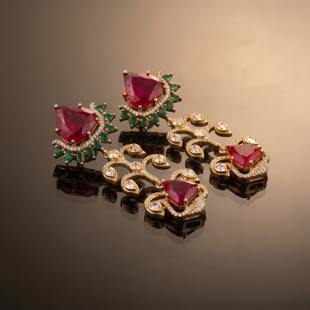 Antique gold ruby cascade earrings with kundan and emerald accents — Ozel
