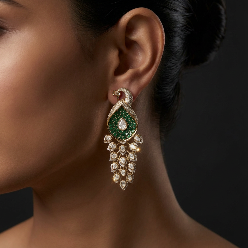 Peacock cascade drop earrings – peacock motif close-up by Ozel