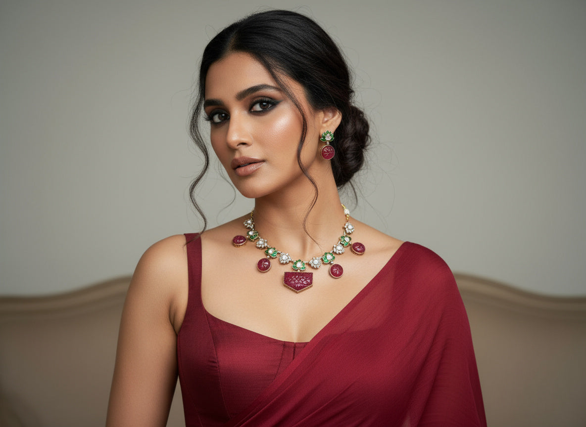 Carved Ruby Lotus Kundan Necklace Set