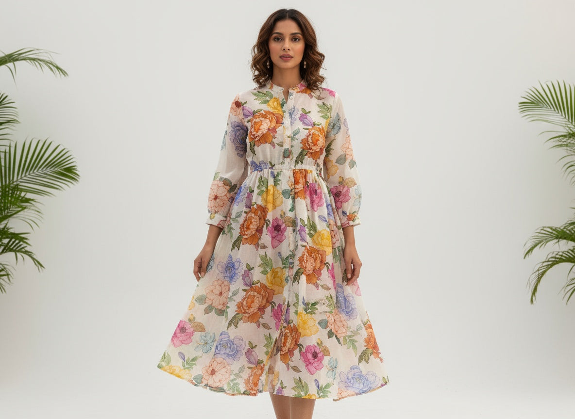 Mandarin Collar Chanderi Dress