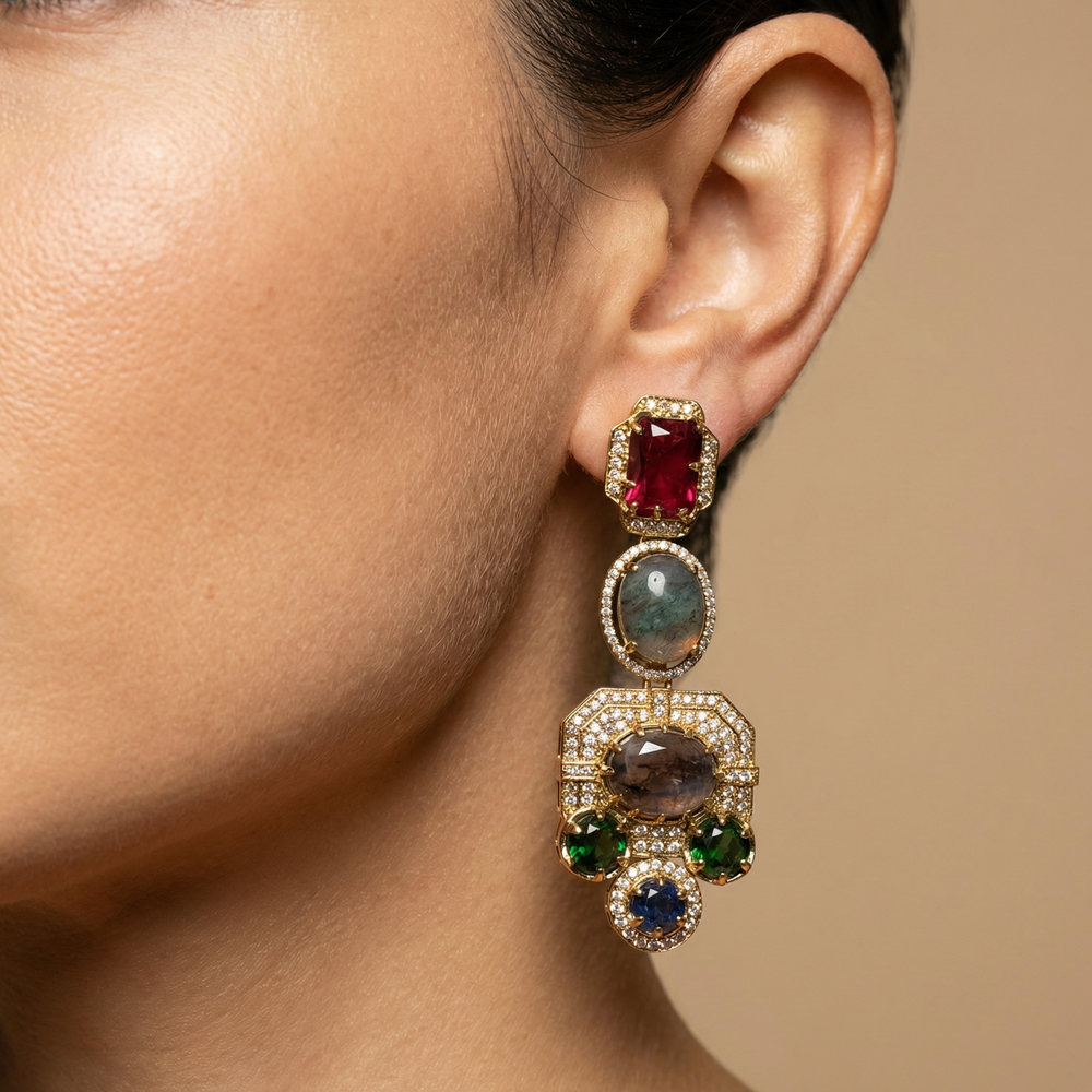 Navratna Aura Drop Earrings – Indian multicolor stone earrings by Ozel