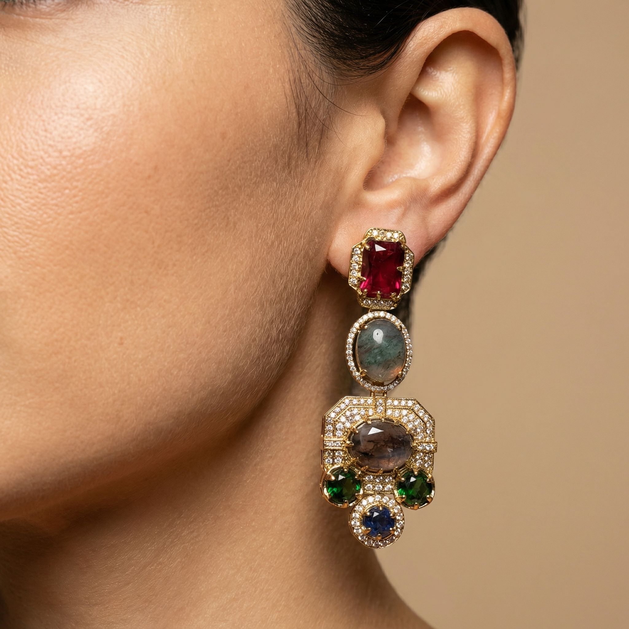 Navratna Aura Drop Earrings – Indian multicolor stone earrings by Ozel