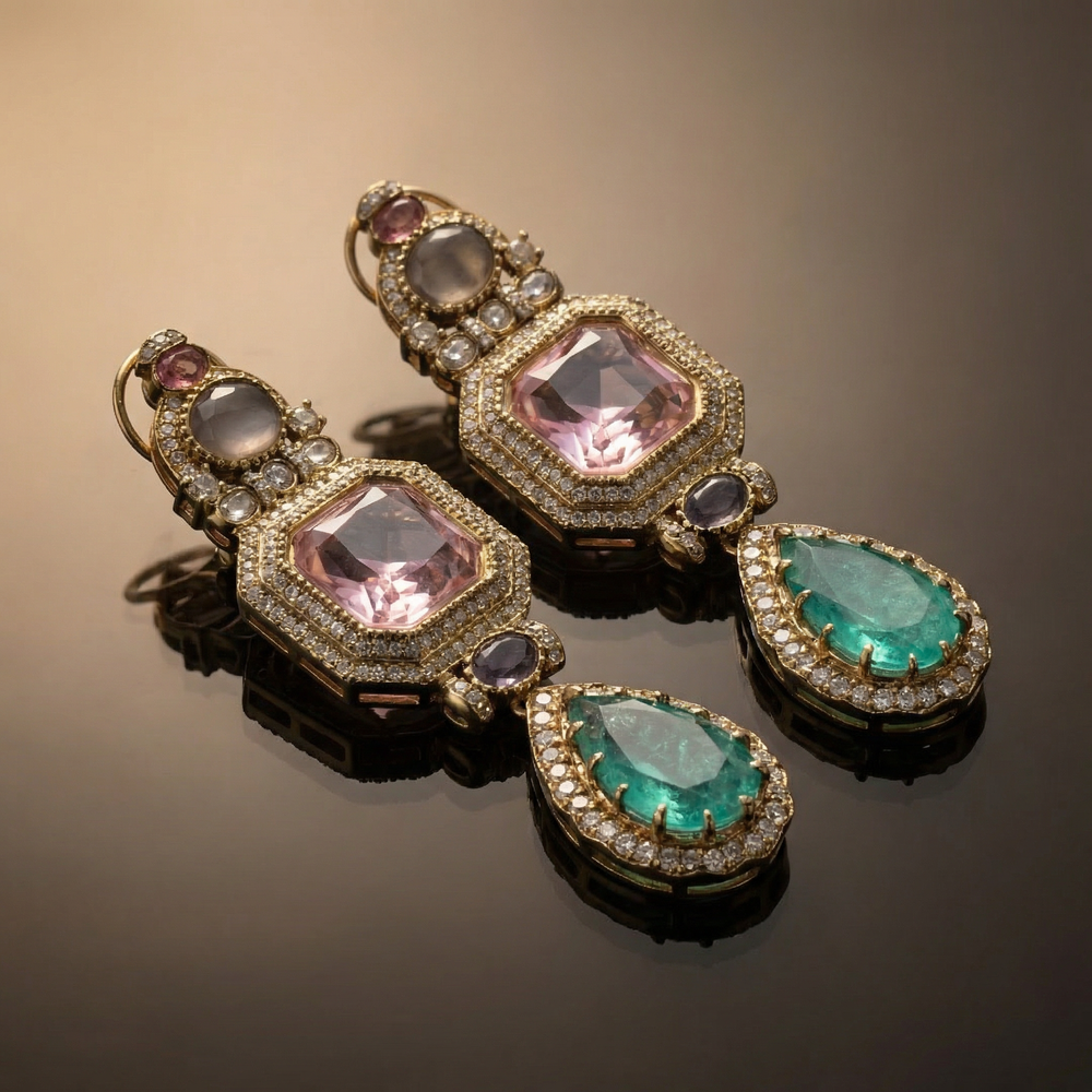 Avyra multi-stone drop earrings – stone cascade detail by Ozel