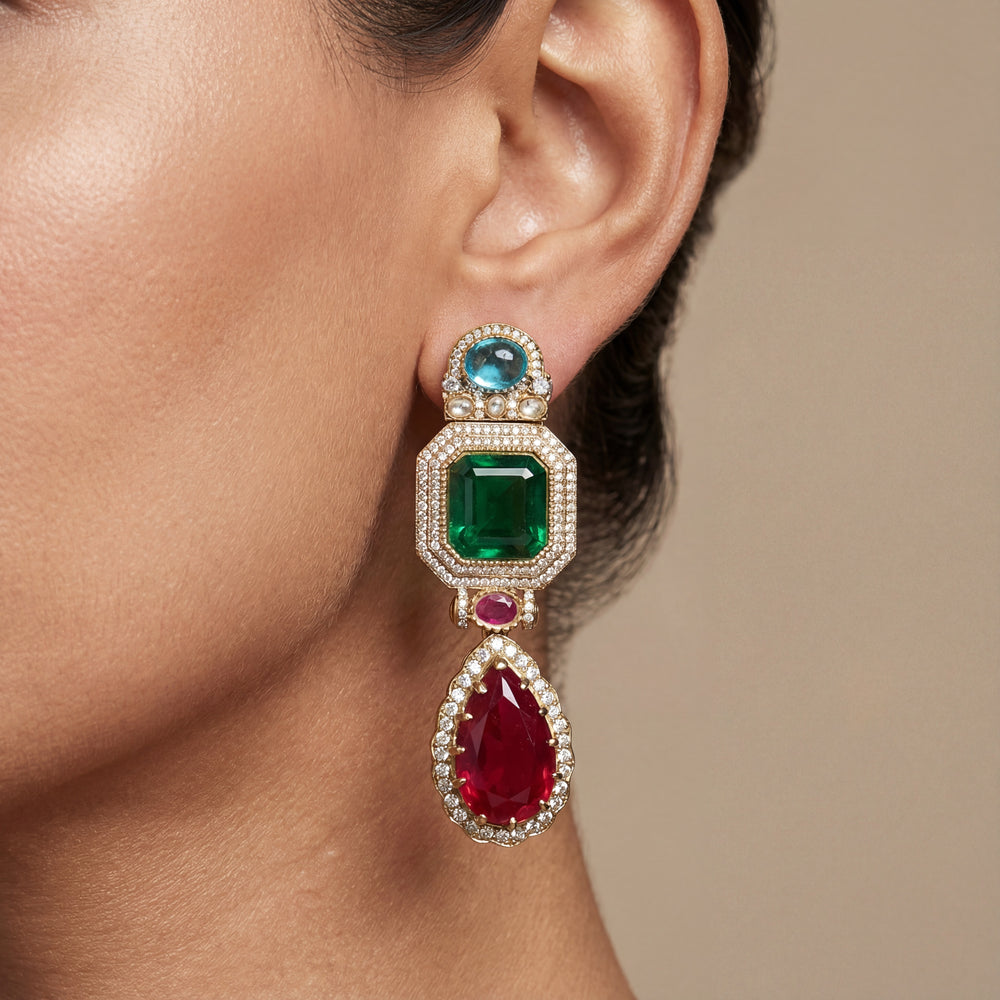 Avyra multi-stone drop earrings with emerald ruby and sapphire accents