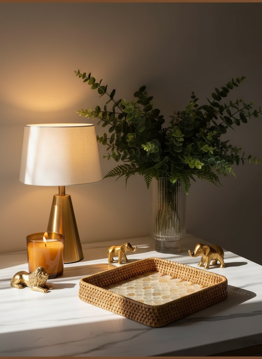 Oyster Artisanal Mother of Pearl Inlay Rattan Tray