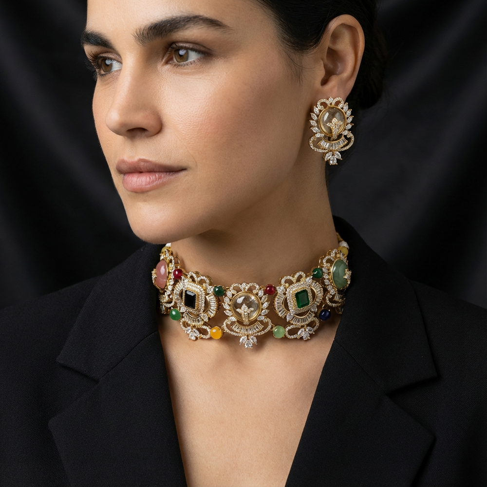 Ziya navratna kundan choker set – handcrafted Indian choker by Ozel