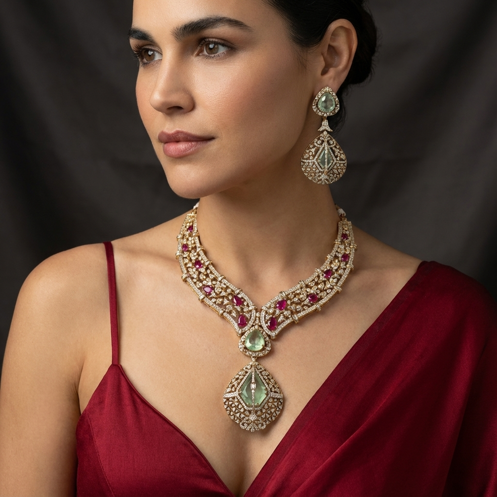 Noor-e-Gulbahar mint green necklace set – stone detail close-up by Ozel