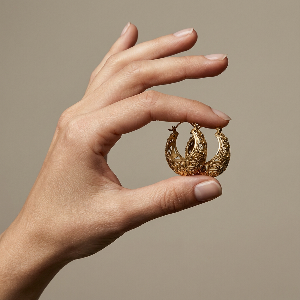 Jali crescent hoop earrings – full pair view by Ozel