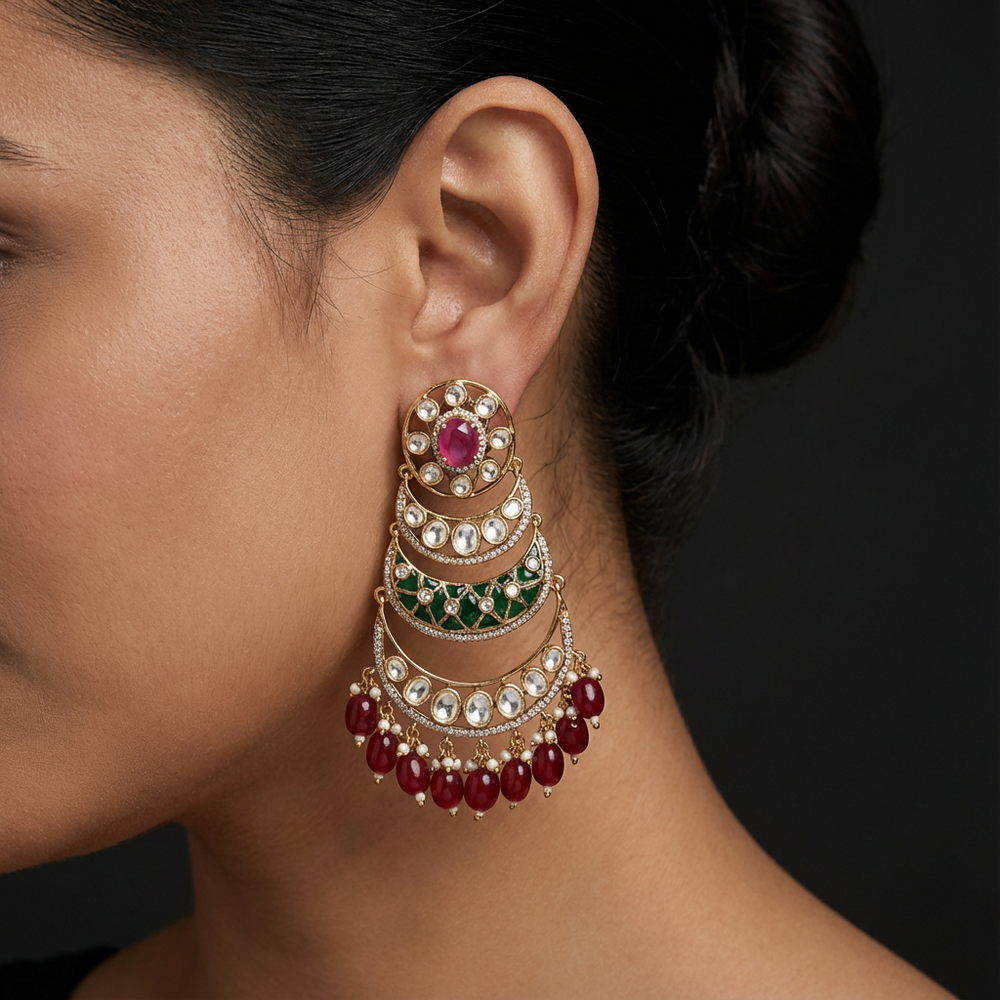 Rajasi tiered chandbali earrings – tiered detail close-up by Ozel