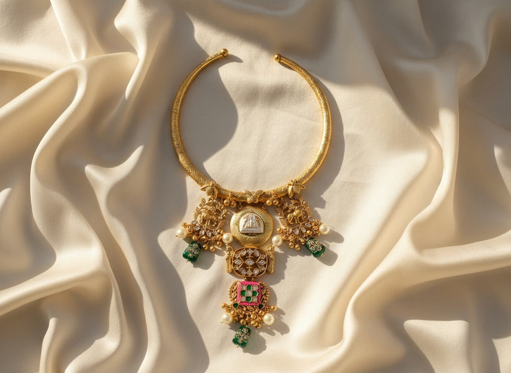 Regal heritage golden hasli necklace – traditional Indian gold jewelry by Ozel