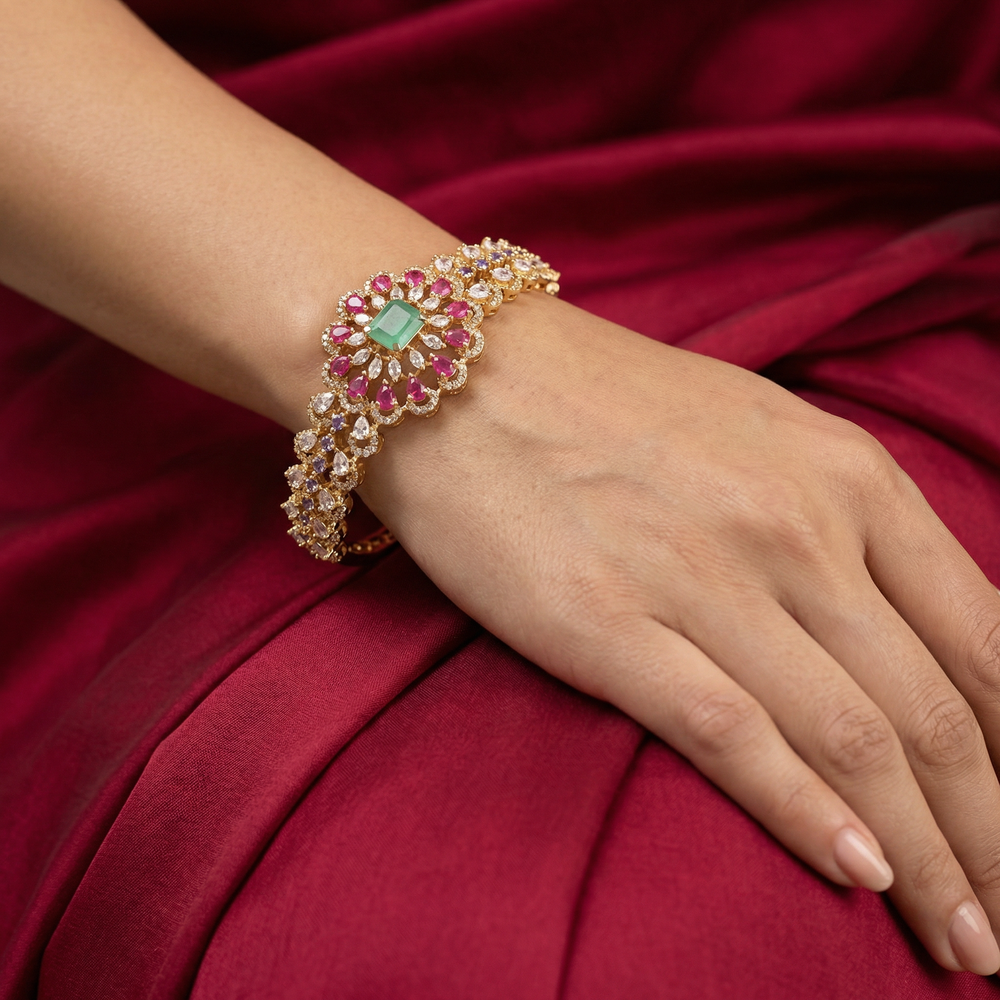 Rivaaz Gulmira Sparkle Kada with floral motif and sparkling gemstone accents by Ozel