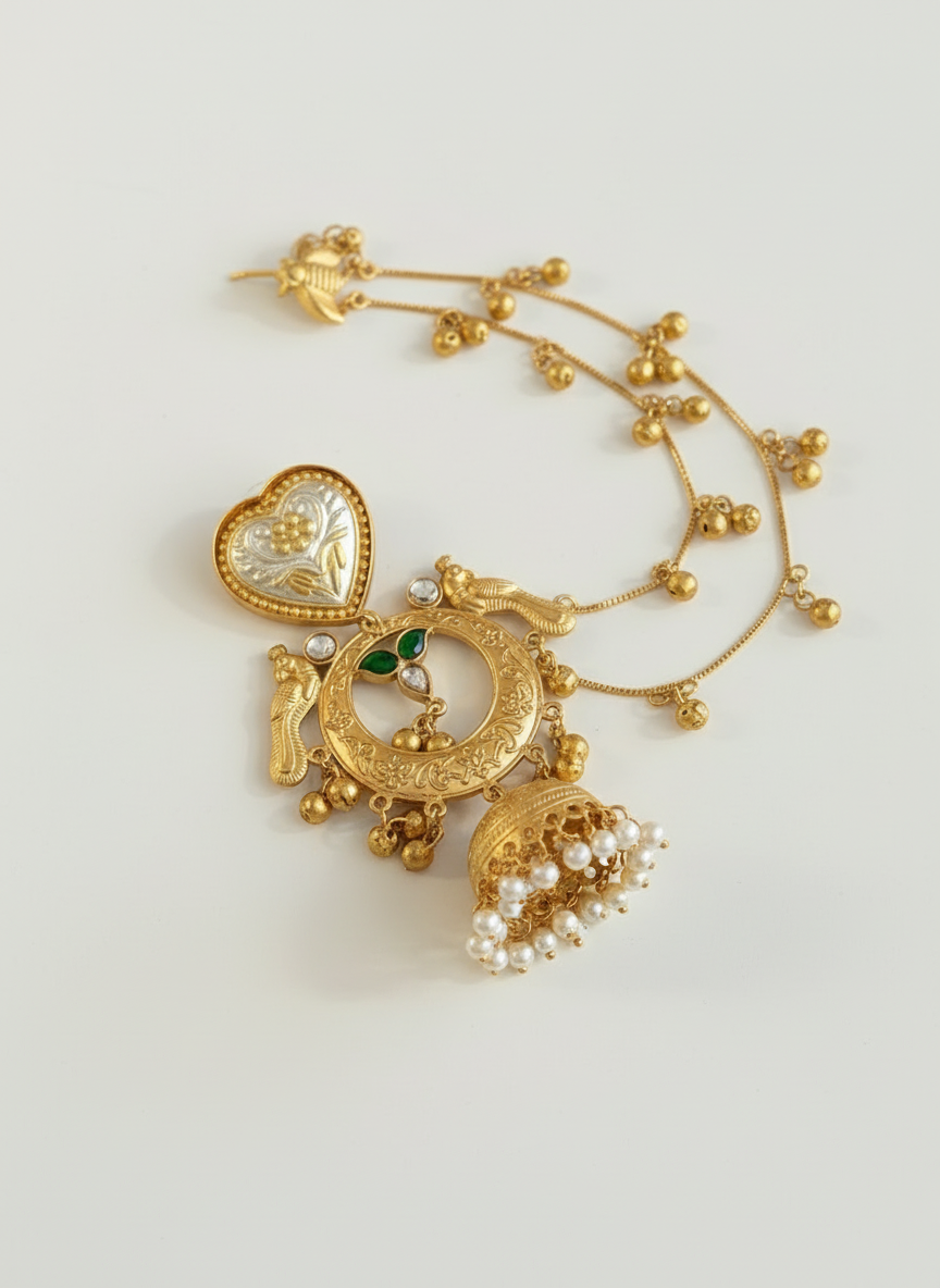 Heritage temple jhumka with hair chain – traditional Indian bridal jewelry by Ozel