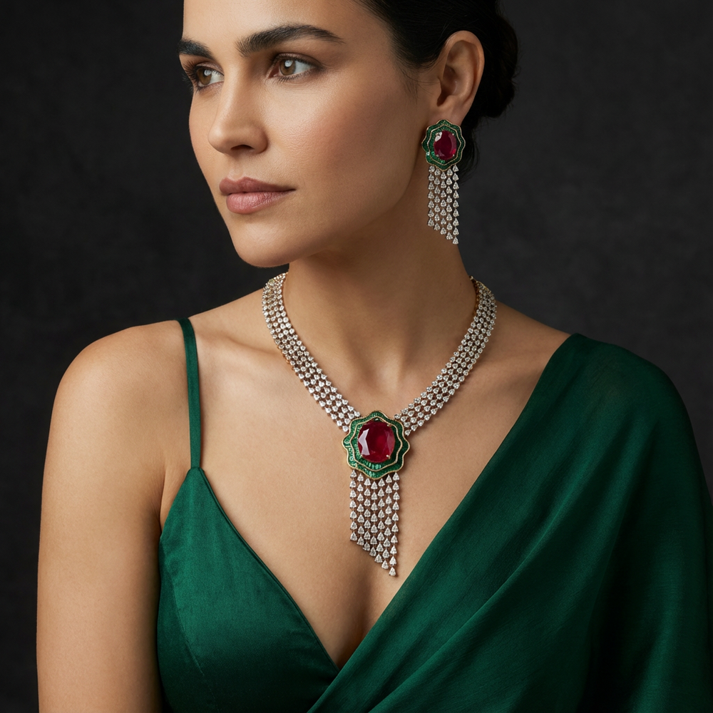 Zamrud ruby cascade necklace set – full set with earrings by Ozel