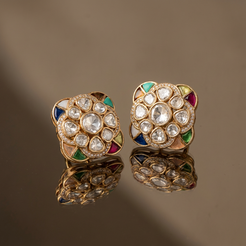 Prism Bloom Stud Earrings with faceted radiant petals and vibrant gemstone detail by Ozel