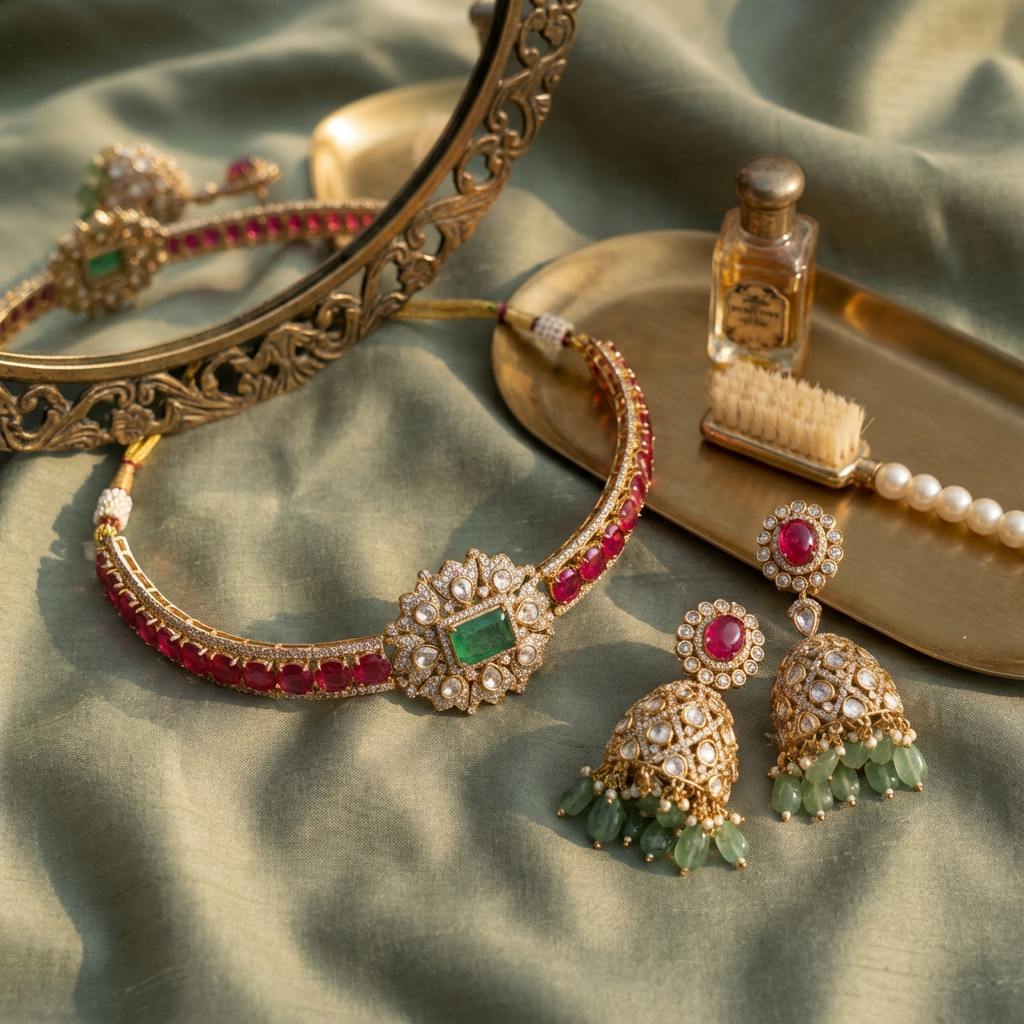 Zarina Emerald Ruby Choker & Jhumka Set