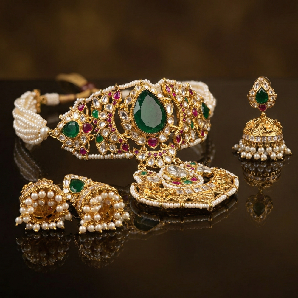 Jadau Panna Pearl Choker Set – traditional emerald pearl choker by Ozel