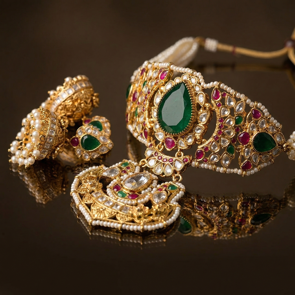 Jadau Panna Pearl Choker Set – ornate Indian bridal jewelry by Ozel