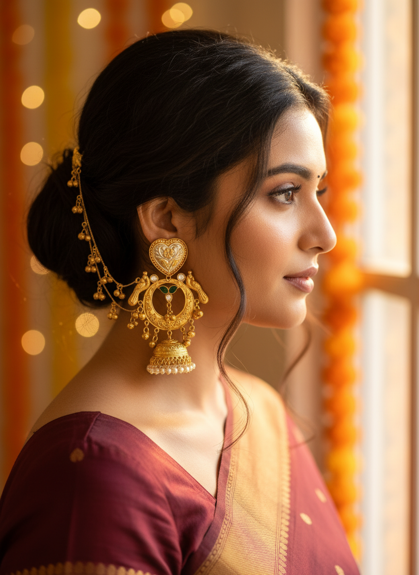 Heritage temple jhumka with hair chain – traditional Indian bridal jewelry by Ozel