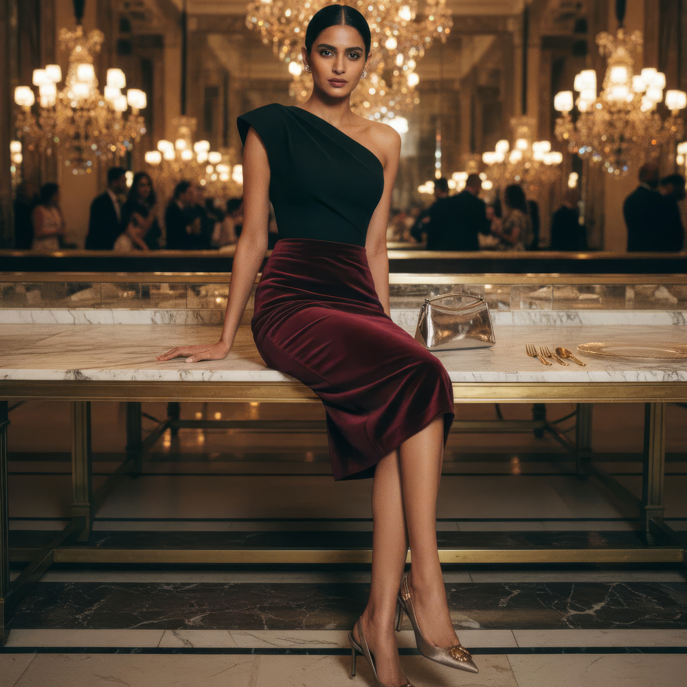 Velvet pencil skirt and top co-ord set in jewel tone — heritage occasion separates by Ozel