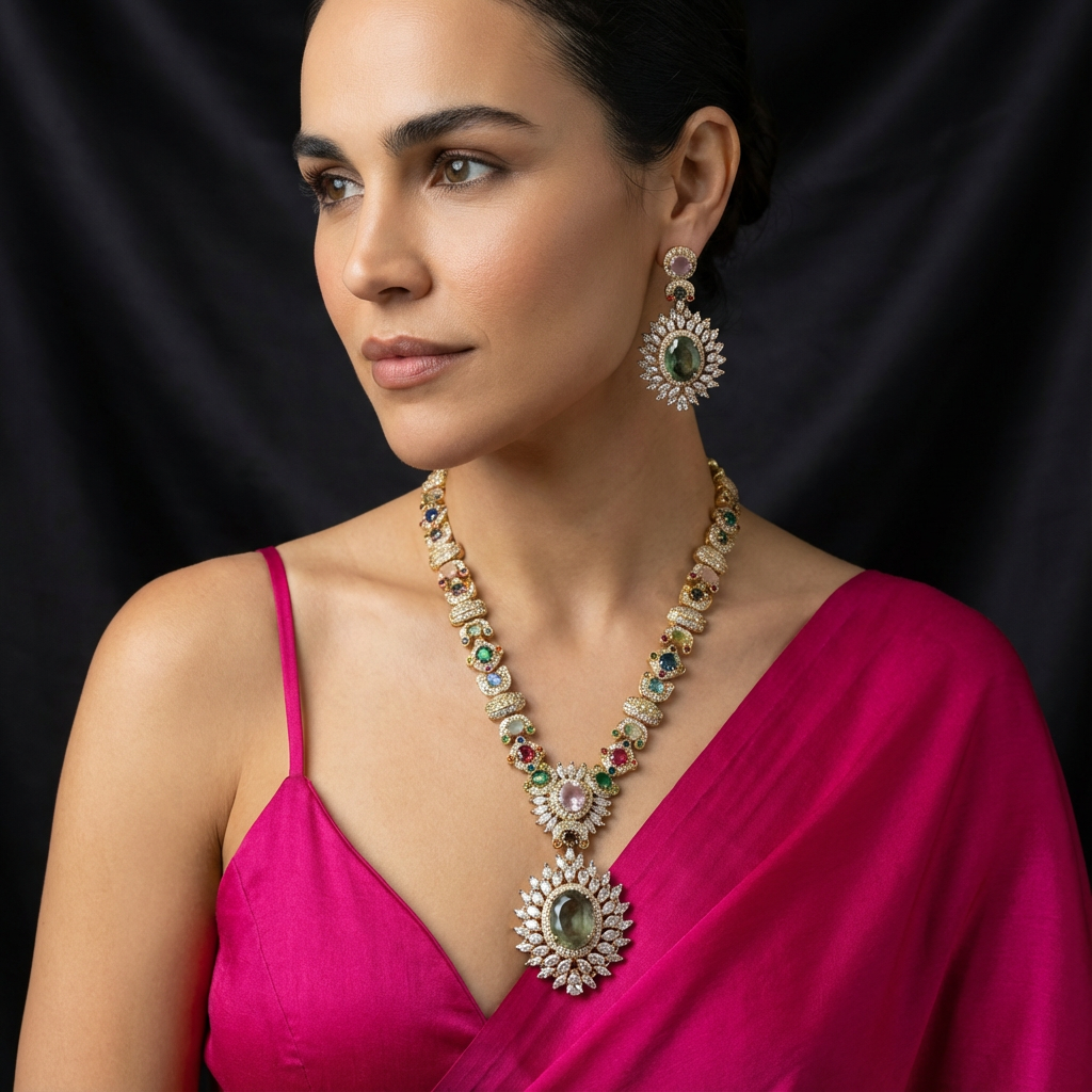 Veda Navratna Statement Necklace Haar Set