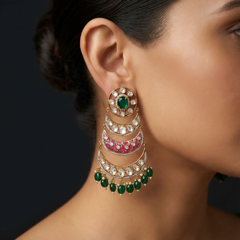 Rajasi tiered chandbali earrings – worn on ear by Ozel