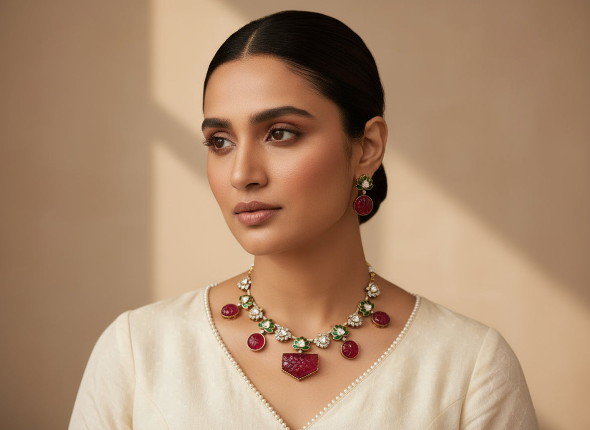 Carved Ruby Lotus Kundan Necklace Set