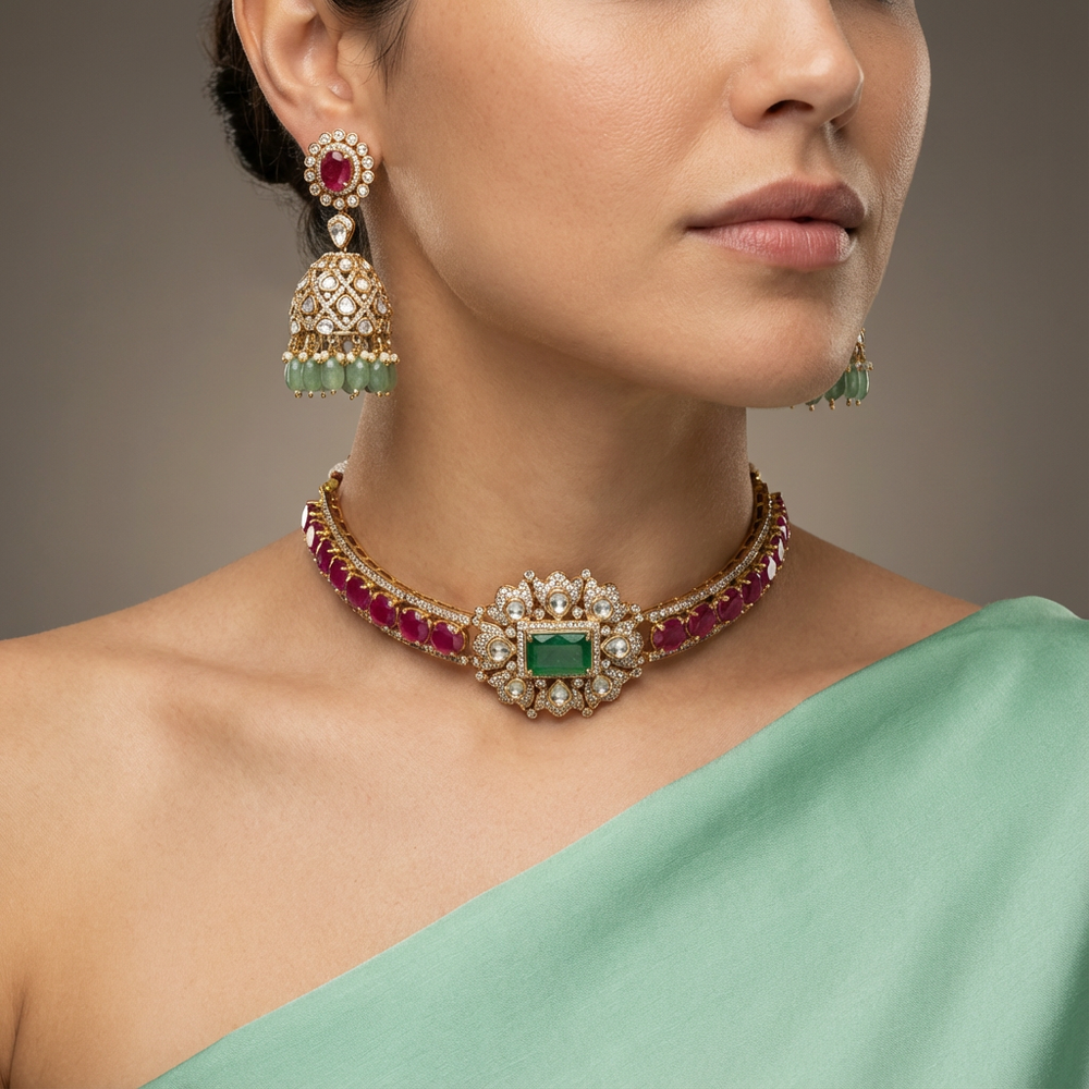 Zarina emerald ruby kundan choker and jhumka set – earring detail by Ozel