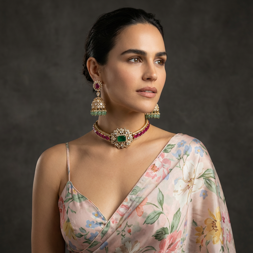 Zarina emerald ruby kundan choker and jhumka set – worn by Ozel