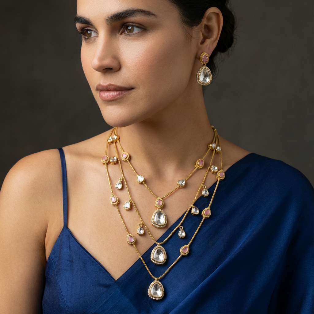 Layered Polki Drop Necklace Set