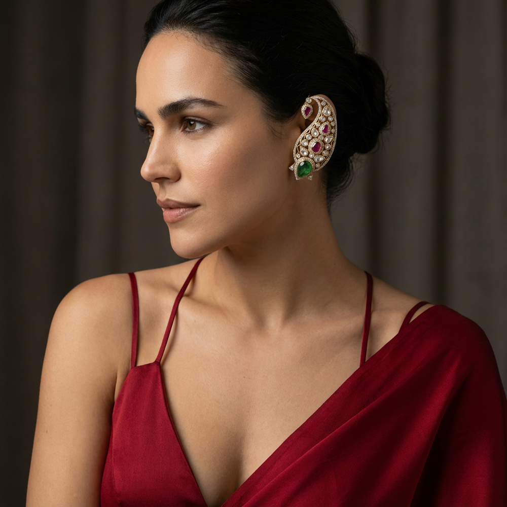 Mayura navratna ear cuff – peacock motif detail by Ozel