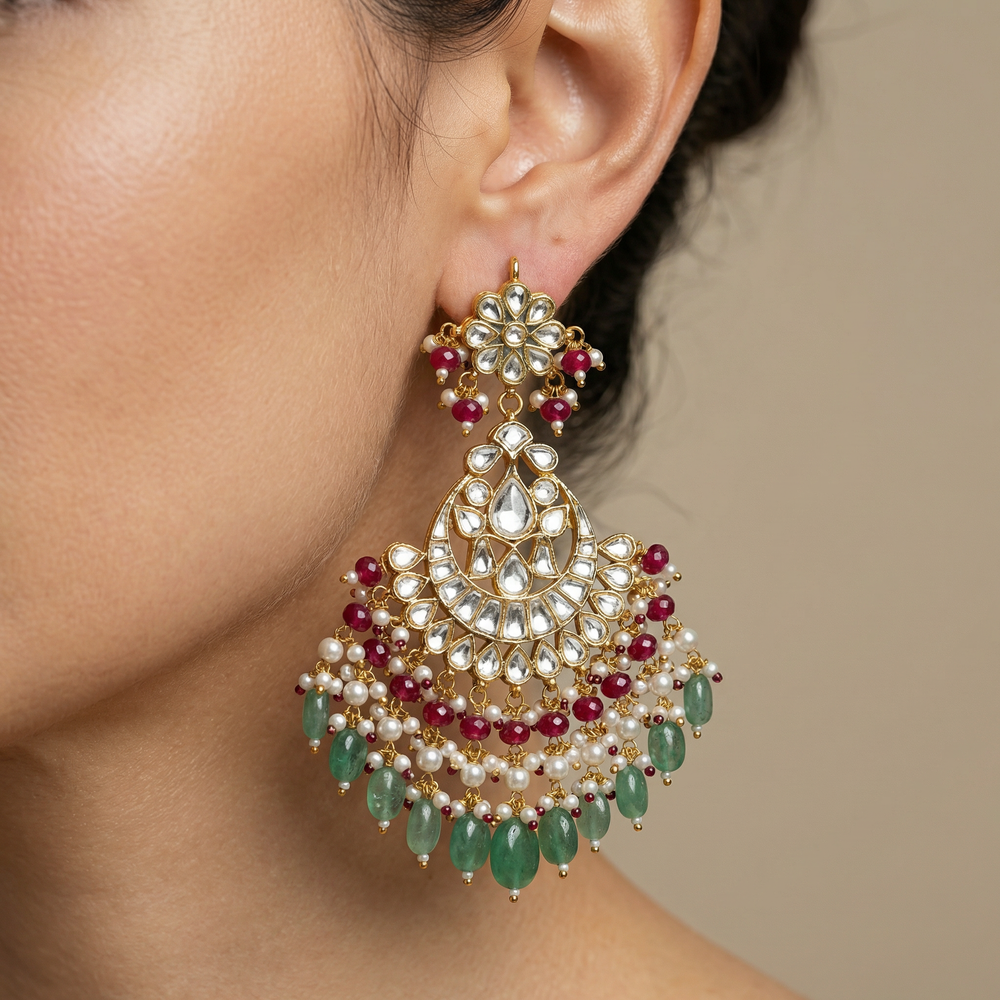 Aarvi kundan pearl chandbali earrings in antique gold