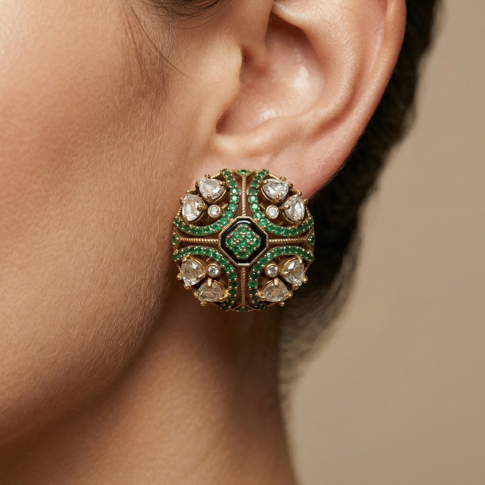 Zehreen Virasat stud earrings in heritage gold tone — statement studs by Ozel