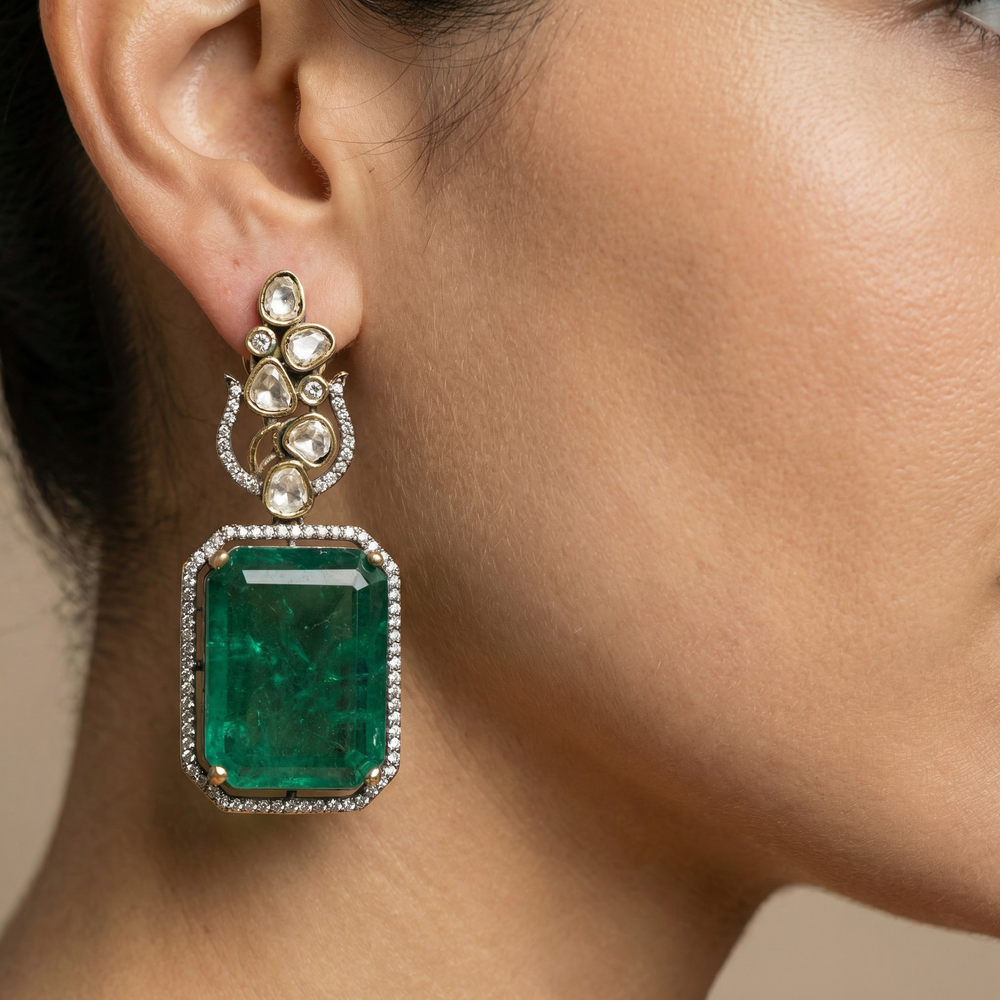 Emerald cut drop earrings in heritage gold setting — bridal jewellery by Ozel