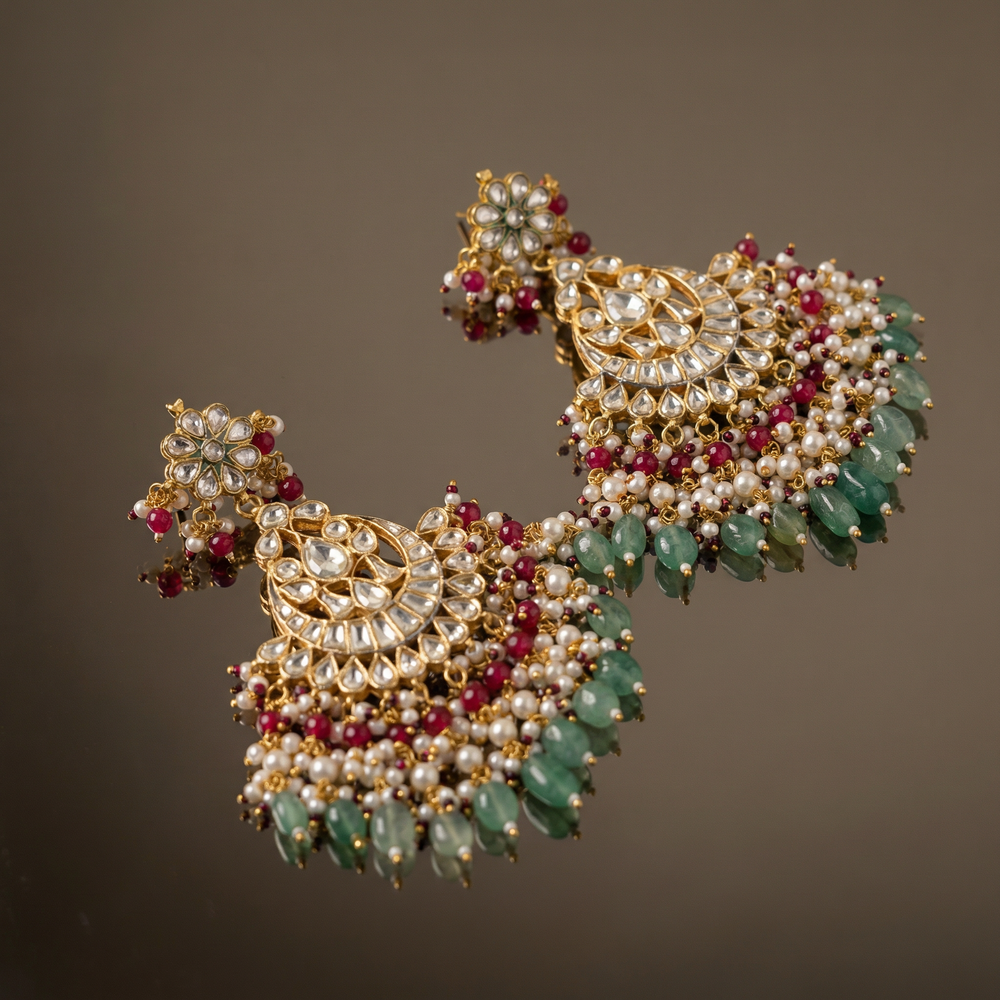 Aarvi – kundan pearl chandbali earrings by Ozel