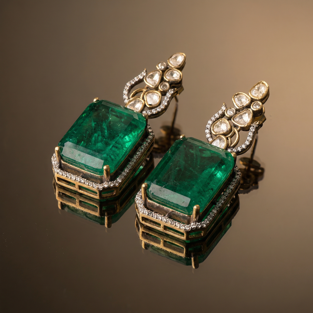 Emerald cut drop earrings – emerald cut stone detail by Ozel