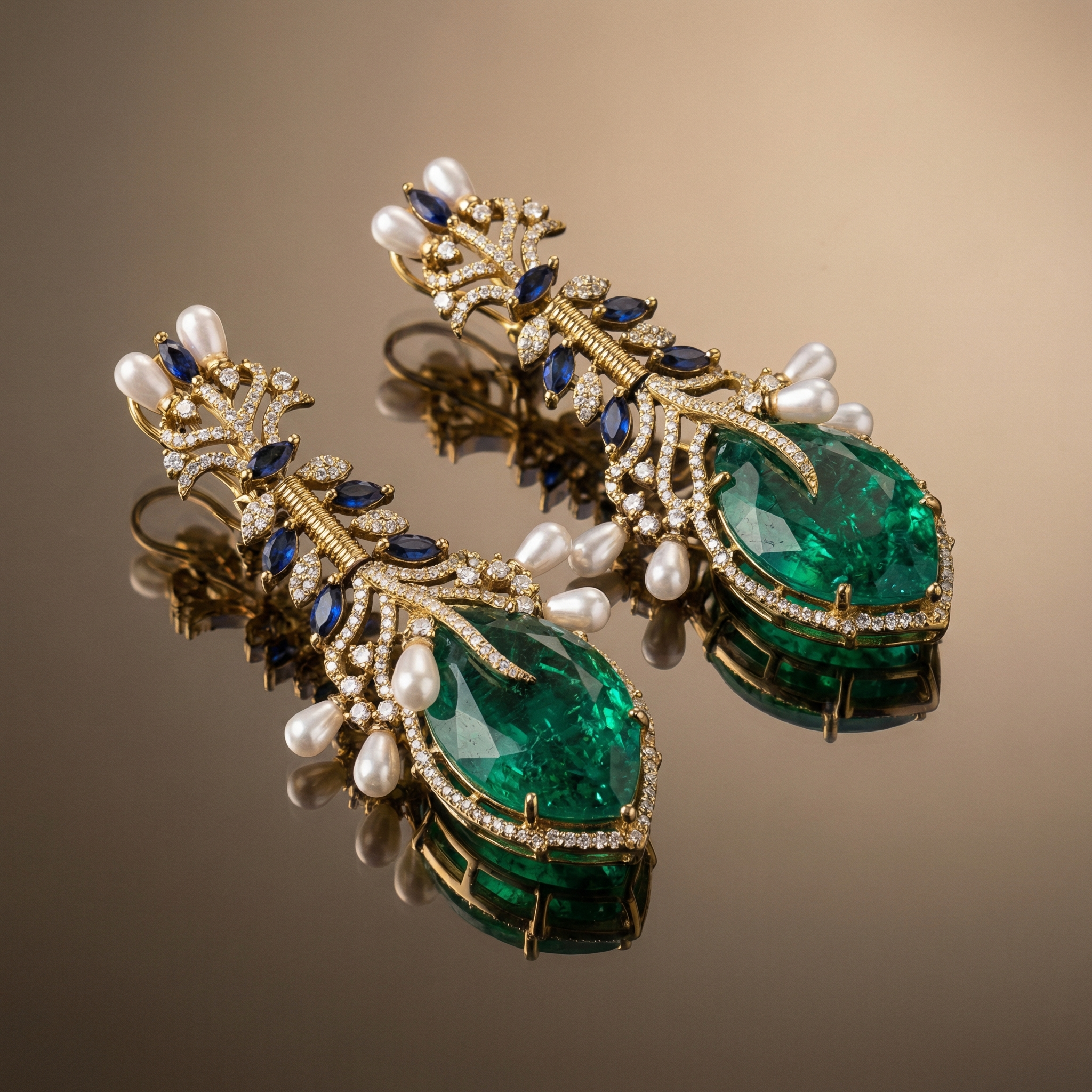 Vine Pearls Emerald Earrings