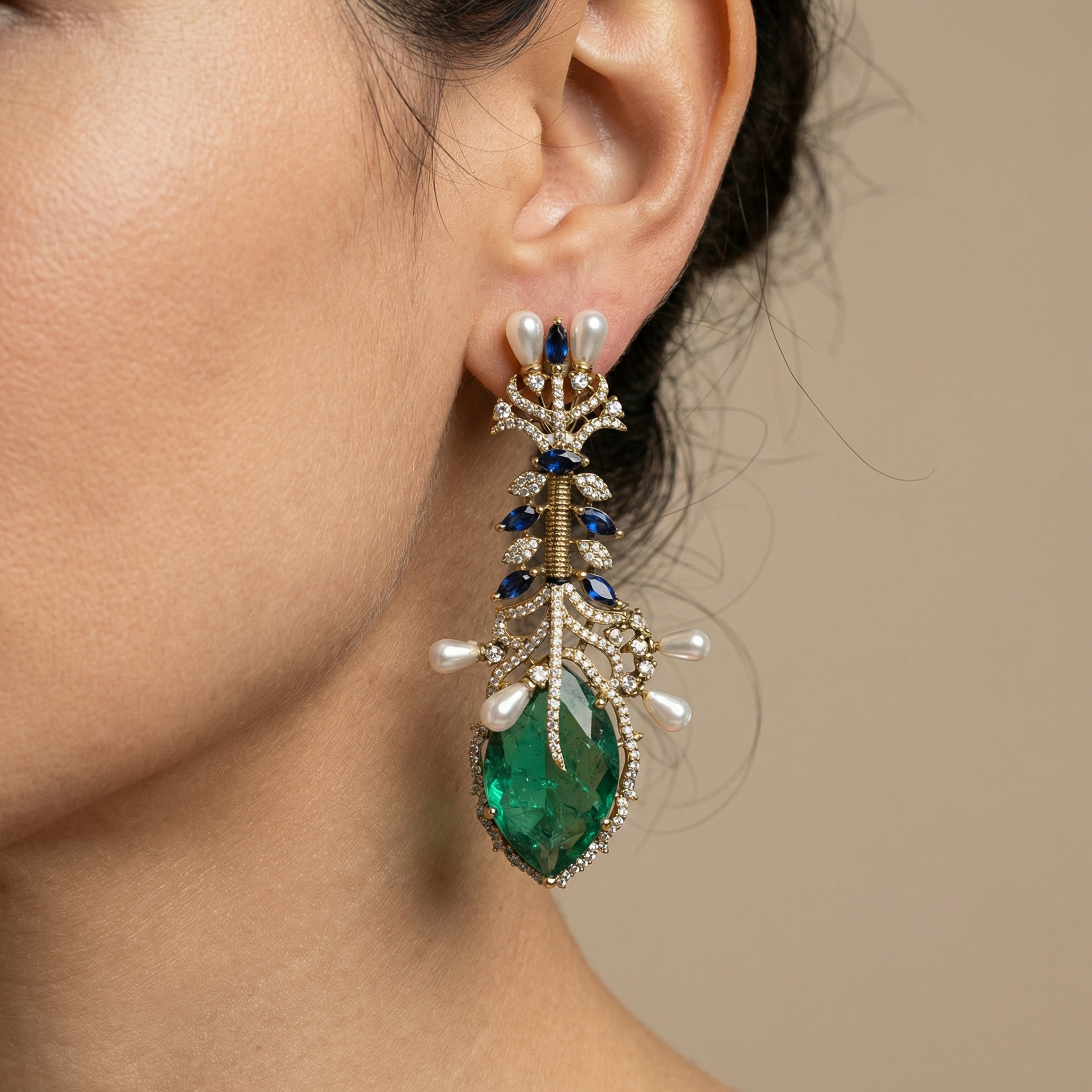 Vine Pearls Emerald Earrings