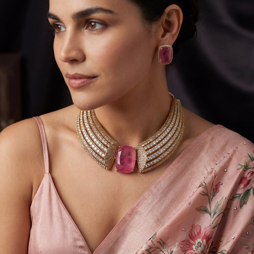 Elara Pink Necklace Set with delicate blush gemstones and artisan gold-tone setting by Ozel