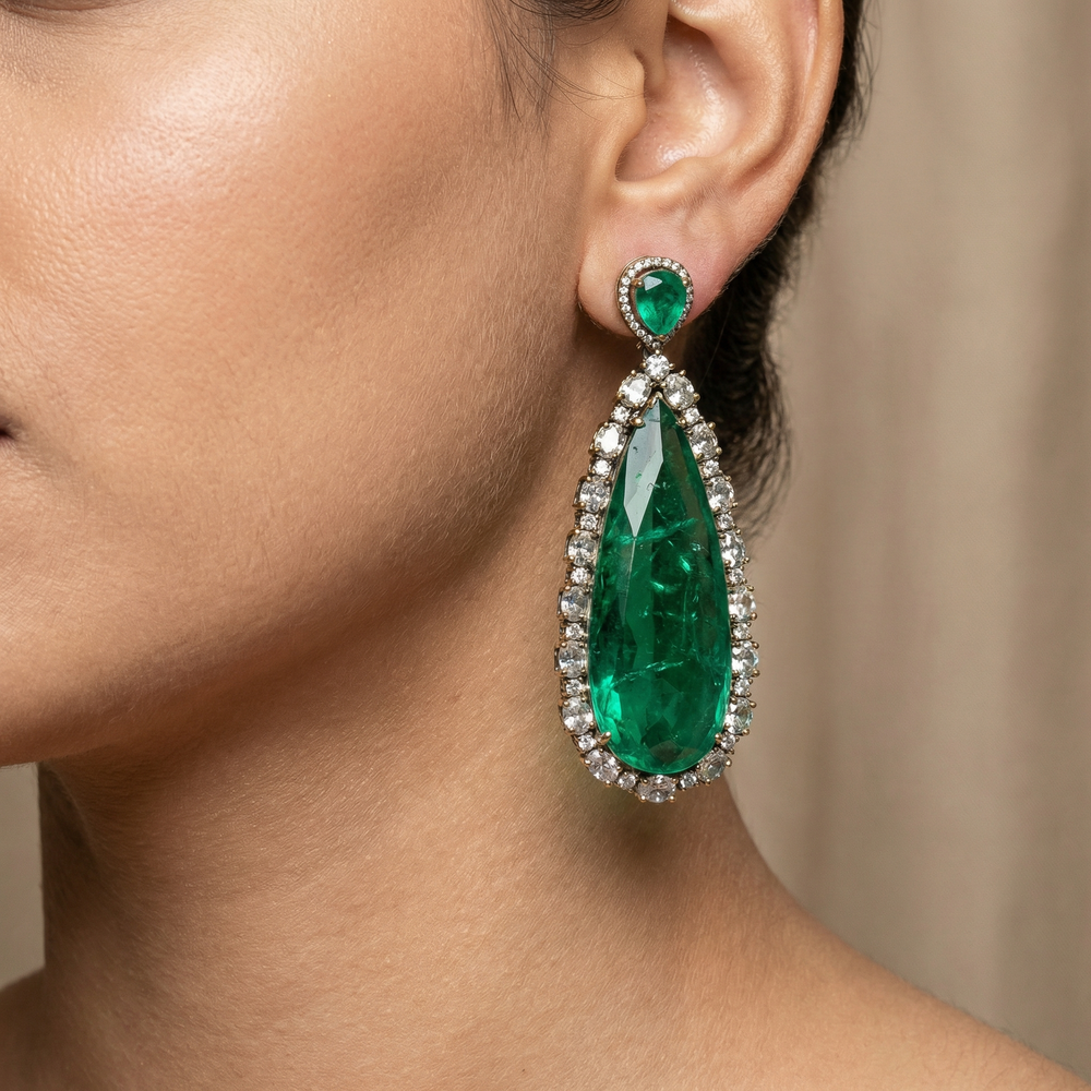 Vanya Luxe Emerald Drops Earrings – handcrafted emerald drop earrings by Ozel