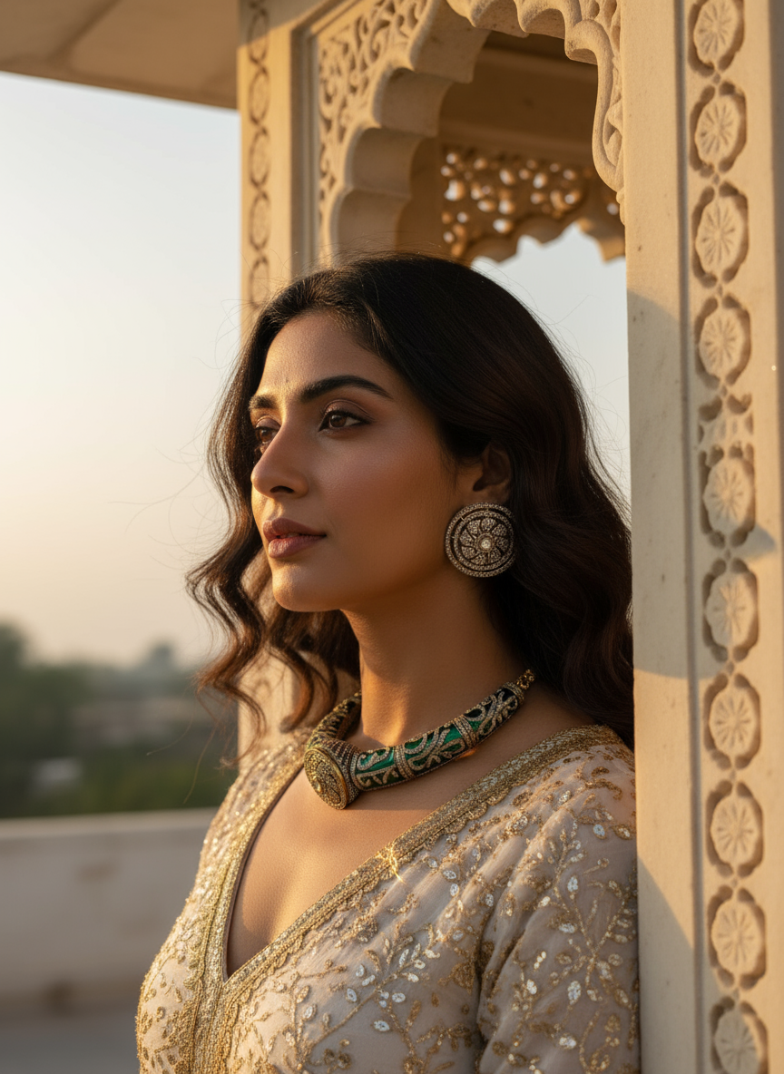 Emerald Enamel Hasli Necklace with earrings